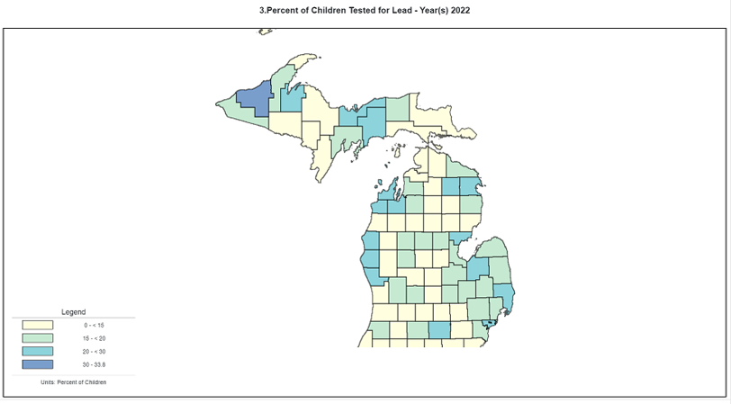 A map of Michigan showing the percentage of children tested for lead